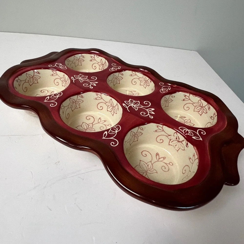 Temp-tations Muffin Pan 6 Cup Cranberry Red Floral Lace Ceramic Stoneware Baker